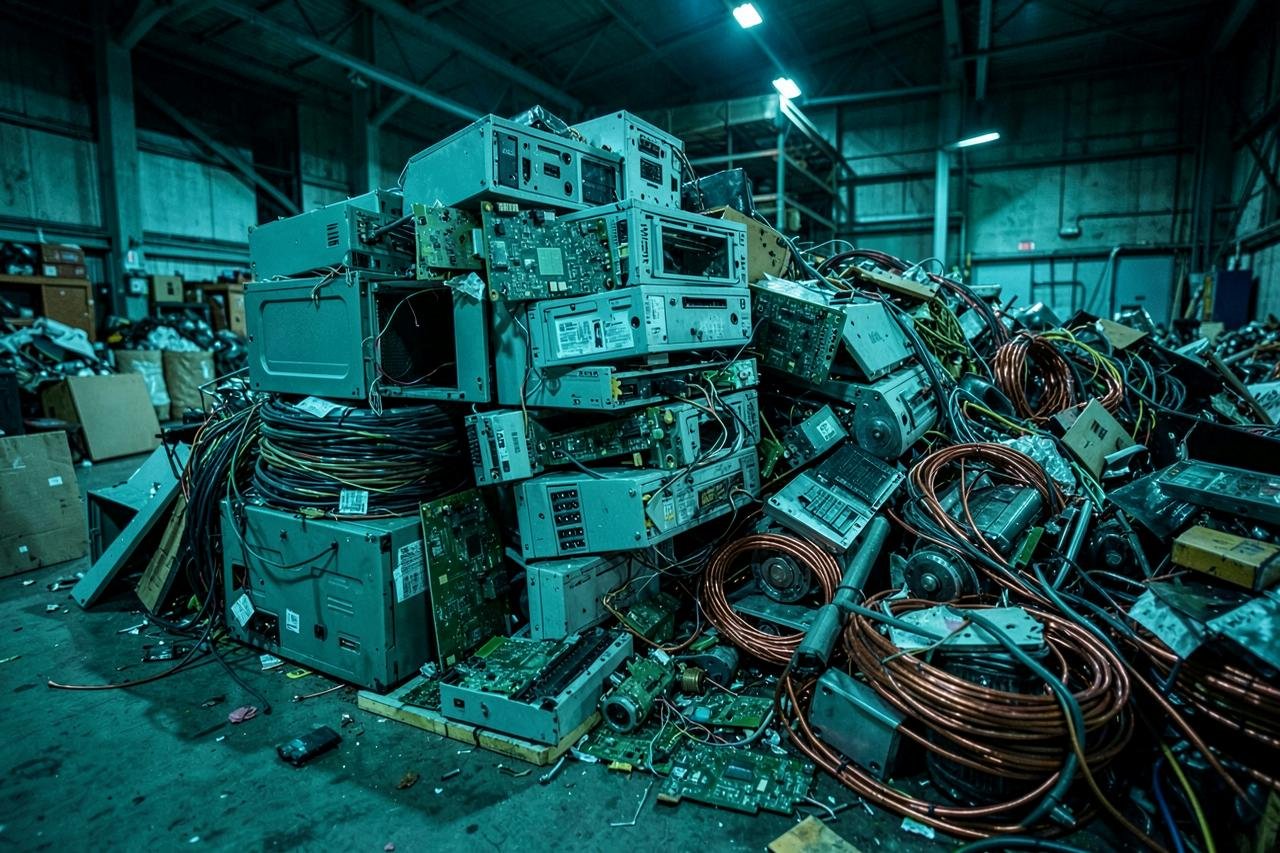 Collected electronic scrap, circuit boards and cable coils