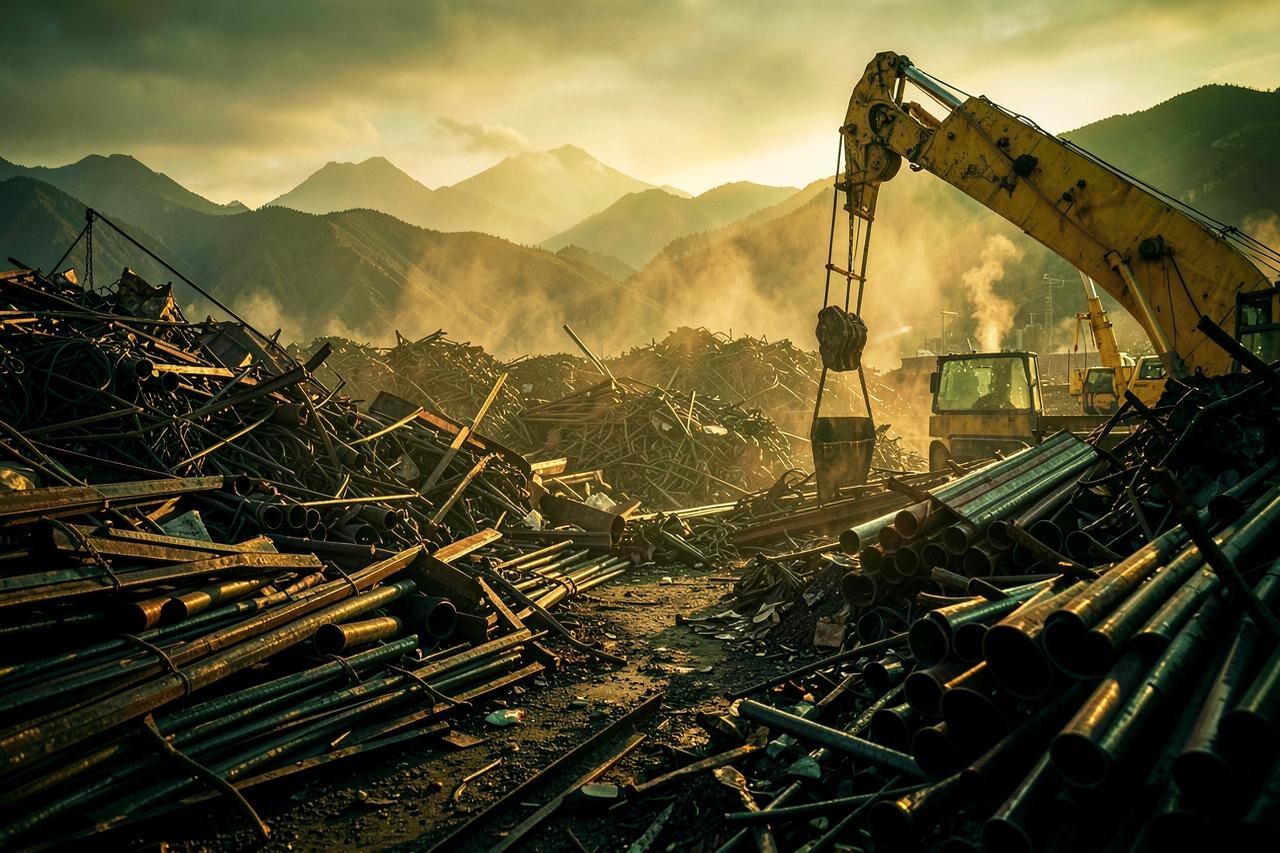 Ferrous scrap yard with steel beams, pipes and a grab crane