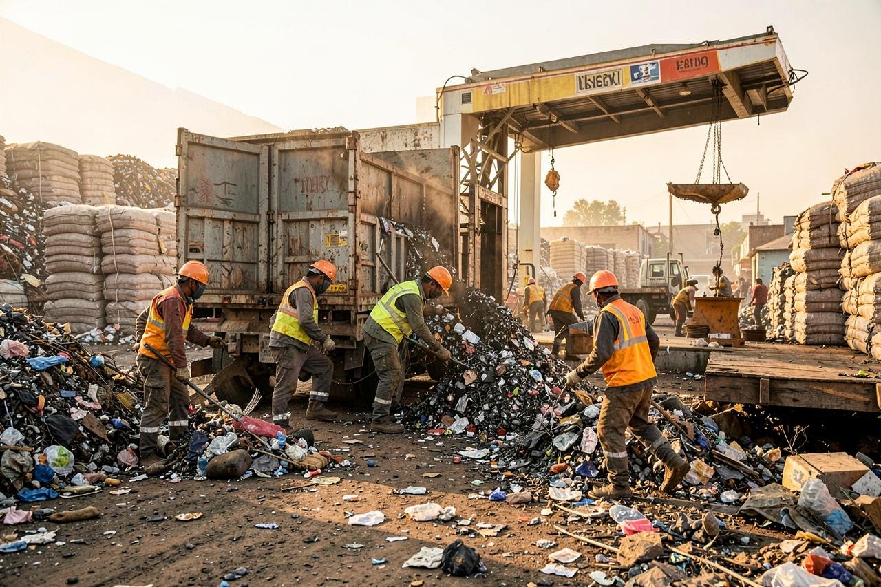 Workers loading sorted scrap into a truck at the yard